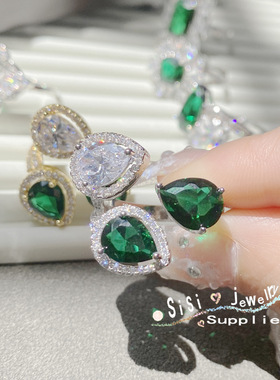 Sisi复古轻奢油画祖母绿宝石戒指镀18K金 璀璨多切面小众设计开口