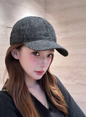 亚麻混纺棒球帽女显脸小复古竖条纹软顶鸭舌帽休闲百搭遮阳帽子