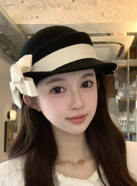 秋冬蝴蝶结礼帽女复古赫本风羊毛千金帽时尚气质盆帽显脸小八角帽