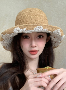 2026新款蕾丝拉菲草帽女夏季时尚海边遮脸太阳帽度假大檐帽田园风