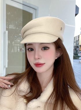 秋冬羊毛八角帽贝雷帽女显脸小毛呢鸭舌百搭马术帽小香风报童帽潮