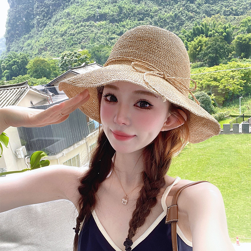 夏季手工拉菲草帽女新款大檐防晒遮阳帽防紫外线沙滩太阳帽可折叠
