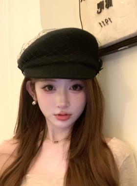 秋冬网纱羊毛八角帽复古显脸小马术帽鸭舌帽网红法式礼帽贝雷帽