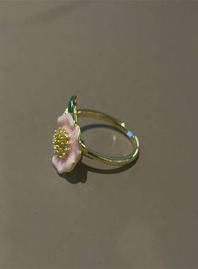 法式山茶花珐琅滴釉工艺开口戒指个性田园风精致可调节指环