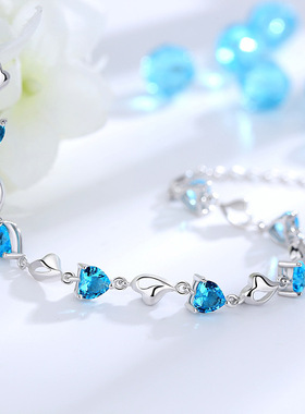 S925纯银水晶手链韩国韩版时尚蓝色配饰心扉女款饰品手串礼物