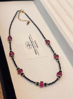 原创设计黑与红水晶拼接锁骨链个性时尚颈链高级感百搭项链