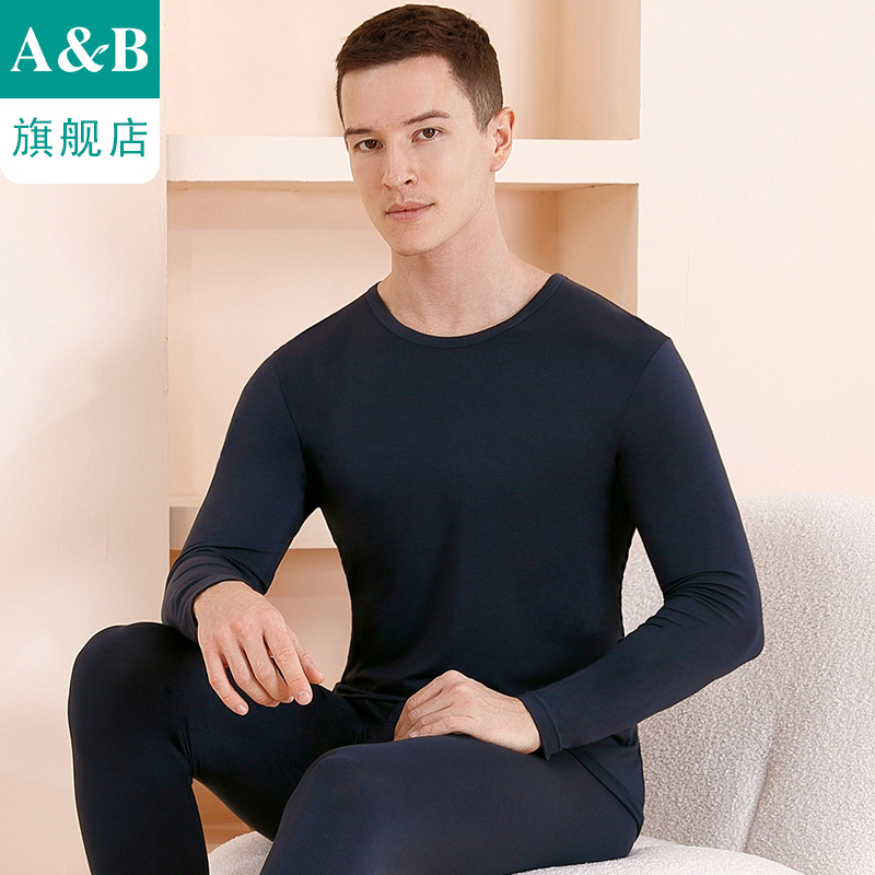 ab保暖内衣60S超薄羊绒蛋白圆领套装弹力舒适男士秋衣秋裤R966 - 图0