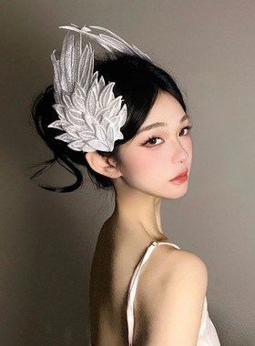 天使之翼Lolita羽毛夹子头饰发夹黑白双色刺绣cos摄影拍照发饰女