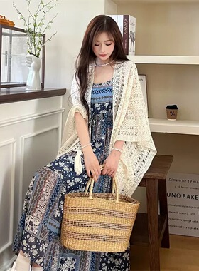 云南民族风扎染披肩度假针织斗篷女草原旅游拍照披风汉服旗袍外