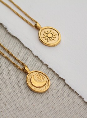 英国george melis太阳月亮圆形硬币项链项链钛钢炉内电镀18k