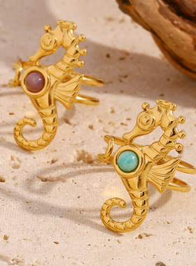 英国george melis欧美时尚个性小众手镀18k金海马红宝石开口戒