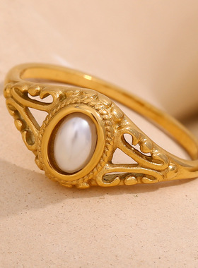 英国george melis欧美简约气质个性珍珠戒指花型图案细珍珠指环