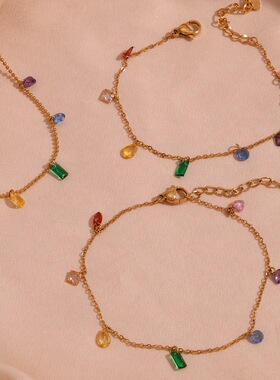 英国george melis欧美个性小众手链脚链套装镀18k金彩色锆石项链