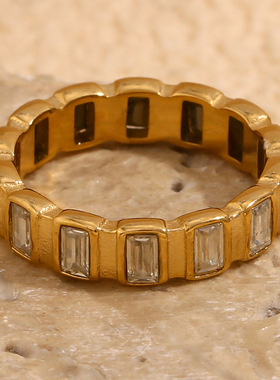 英国george melis欧美小众轻奢小方锆镶嵌真空电镀防水戒指金色