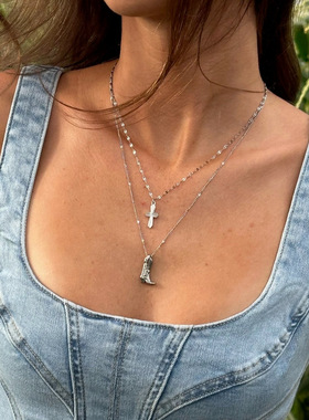 英国george melis欧美牛仔靴项链复古古银色靴子吊坠锁骨链镀