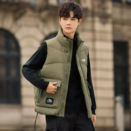 羽绒短款马甲男运动简约立领羽绒马夹休闲面包服保暖外套帅气背心 - 图0