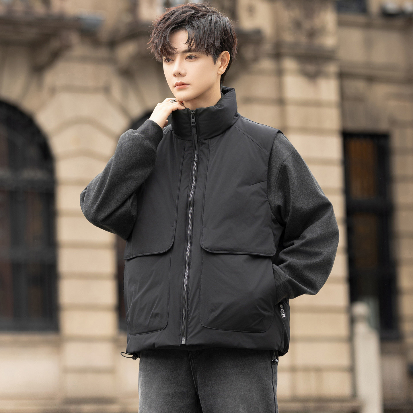 痞帅工装羽绒马甲男士秋冬加厚鸭绒保暖立领坎肩无袖鸭绒马夹外套,淘宝优惠券,粉丝福利购,淘宝优惠卷