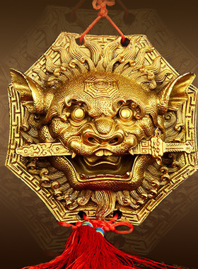 狮咬剑挂件纯黄铜狮子头八卦镜虎头牌兽头睚眦吞口海神门对门厕所