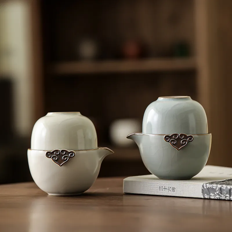 旅行茶具套装汝窑快客杯便携式陶瓷茶具户外泡茶壶商务活动伴手礼 - 图0