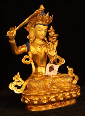 尼泊尔释迦族文殊菩萨佛像34cm尼泊尔纯铜24k鎏金文殊菩萨纯手工