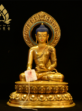 尼泊尔释迦牟尼佛藏传密宗供奉紫铜鎏金鎏银1.3尺镶宝石释迦摩尼