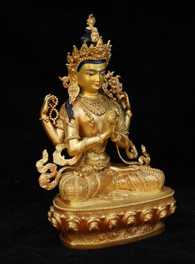 西藏特色工艺7寸21cm藏传四臂观音佛像密宗纯铜像鎏金