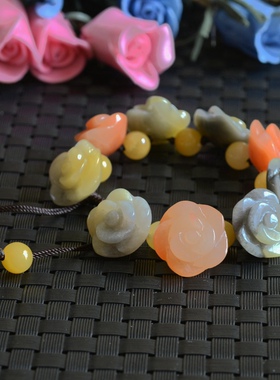 12#正品天然新疆戈壁玉金丝玉手链玫瑰花手链地表彩玉彩石手钏