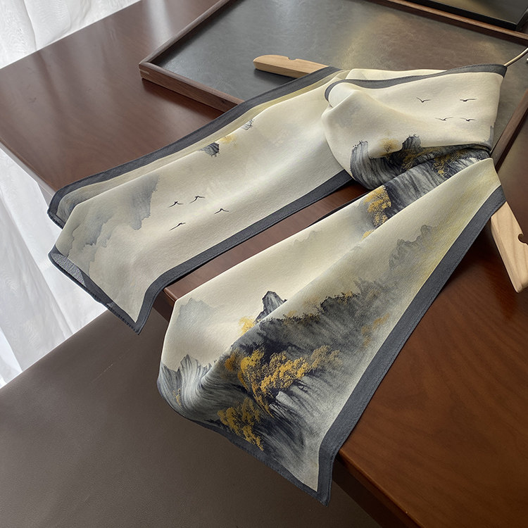 烟雨灰古意丝巾中国风素雅真丝围巾春秋薄款文艺女桑蚕丝纱巾窄版,淘宝优惠券,粉丝福利购,淘宝优惠卷