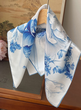 青花蓝50cm真丝缎面小方巾女春夏