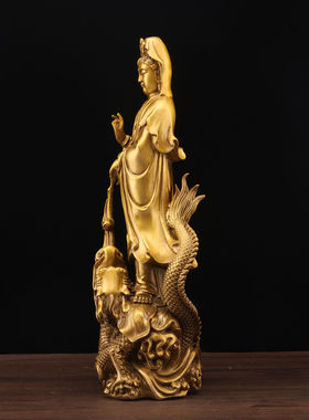 黄铜观音菩萨摆件御龙观音佛像双龙戏水自在观音铜像家居桌面神像