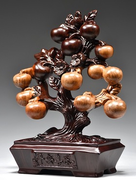 黑檀实木雕刻平安喜乐摆件苹果树喜鹊家居新中式客厅红木质工艺品