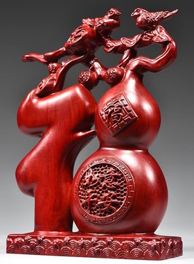 红色木质福字摆件实木雕刻五福葫芦家居创意装饰新中式客厅工艺品