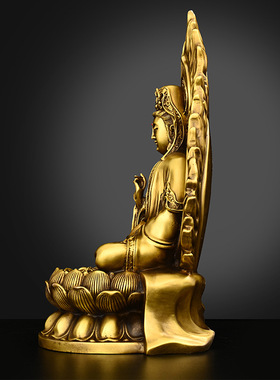 纯铜观音菩萨摆件带背光精工坐莲观世音菩萨坐像家居佛堂供奉神像