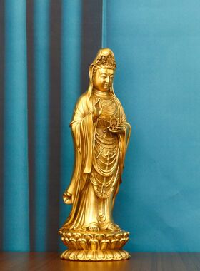 铜普陀山南海观音佛像摆件手持法轮观世音菩萨站像客厅家用摆设