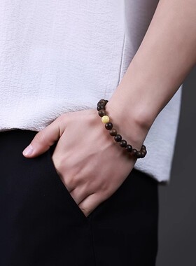 民族风沉香木二代蜜蜡单圈手串男女款檀香木质绿松石复古文玩手链