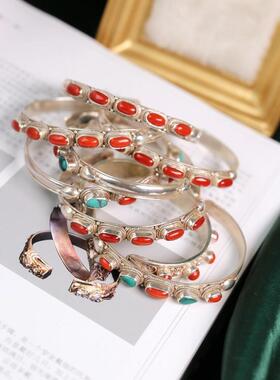 嫣然】尼泊尔手工复古纯银镶嵌宝石绿松石手镯子个性开口银饰品