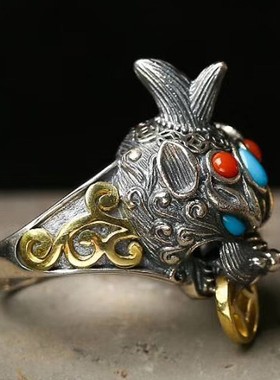 貔貅纯银戒指男款活口可调节指环复古民族风手工银饰镶嵌松石南红