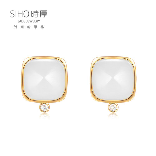 SIHO时厚18k金镶耳钉天然和田玉耳钉女 白玉方块羊脂玉耳钉气质女 - 图2