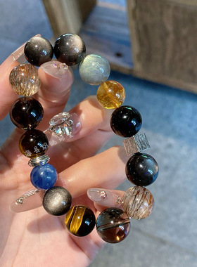 天然水晶黑金超手链女生原创设计款黄塔晶蓝晶石时尚灰月光石手串