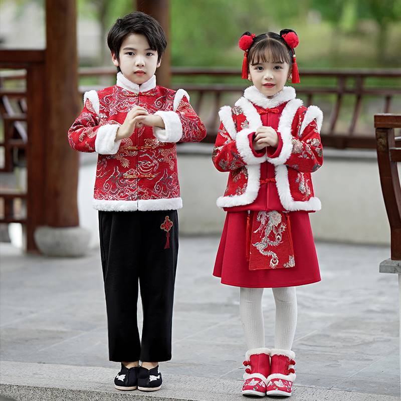 女童表演服红儿童演出服服幼儿园新拜年中国风开门元旦庆喜年加绒-图1