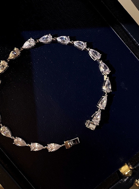 PT950铂金进口莫桑石群镶满钻水滴手链AU750白金百搭手饰时尚礼物