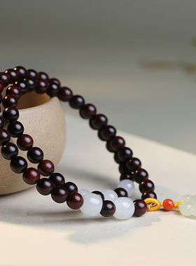 月印百川小叶紫檀手串高油高密搭和田玉平安锁女款多圈手链约6mm