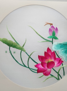 莲花荷花刺绣真丝双面手工刺绣清货画芯扇面老绣片多款入