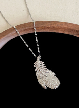 设计感锆石羽毛吊坠项链耳钉法式轻奢复古潮流气质时尚颈链毛衣链