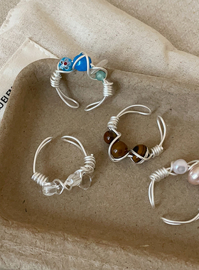 几何不规则线条串珠开口戒指女夸张个性时尚潮流气质百搭指环戒子