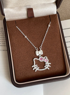 卡通满钻缕空猫咪蝴蝶结吊坠项链女少女心甜美可爱时尚颈链锁骨链