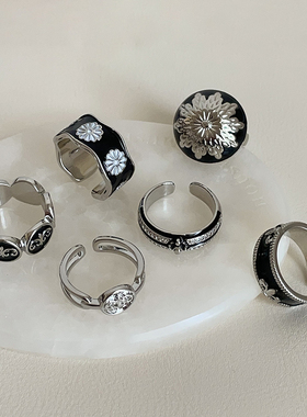 哥特风黑色滴油鸢尾花戒指女复古个性轻奢时尚潮流百搭指环戒子