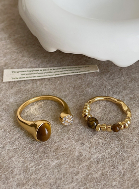 美拉德复古虎眼石金色戒指女秋冬高级感个性独特时尚潮流指环戒子