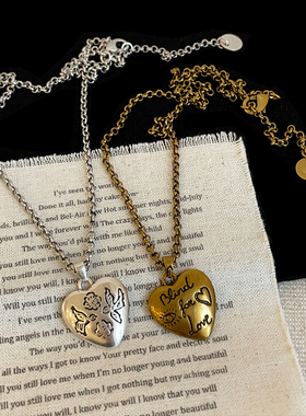 双面浮雕花鸟爱心吊坠项链女复古做旧小众高级感百搭颈链毛衣链