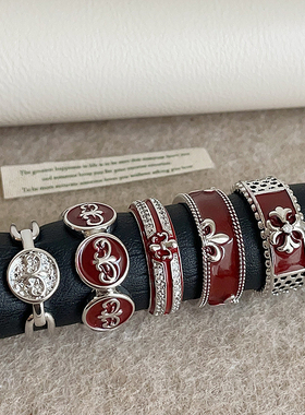 红色滴油鸢尾花戒指女小众设计感复古轻奢个性时尚潮流指环戒子